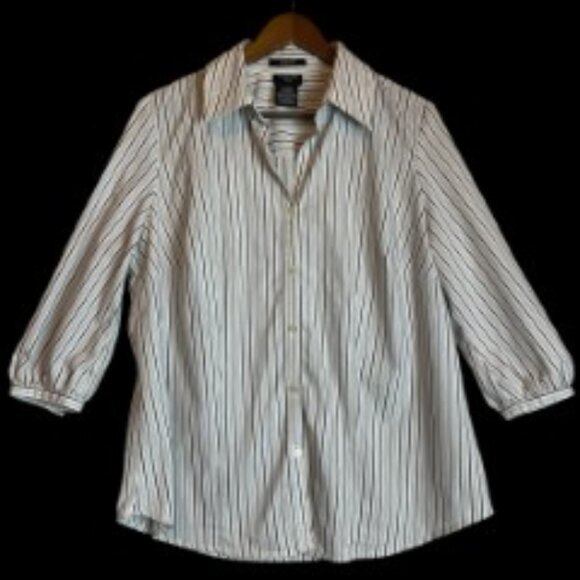GEORGE WOMAN WHITE STRETCH SHIRT W/ BLACK & TAN STRIPES 3/4 SLEEVE SIZE 1X/16W - Picture 2 of 6
